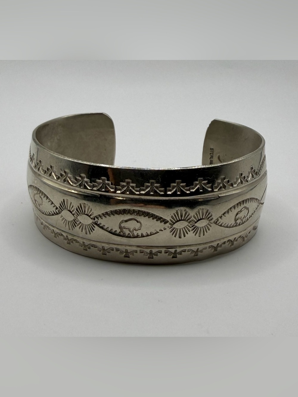 Vintage Native American Buffalo Cuff Bracelet Sterling Silver 925 - Signed